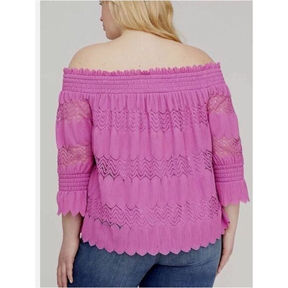 Lane Bryant Smocked Off The Shoulder Pink Ruffled Tiered Lace Pleated Top 22/24 - Picture 2 of 7